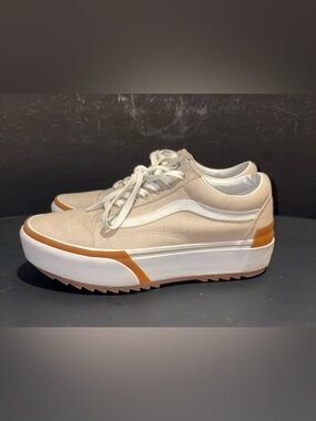 Vans Women’s Cream and White Platform Old Skool Sneakers with Tan Accents